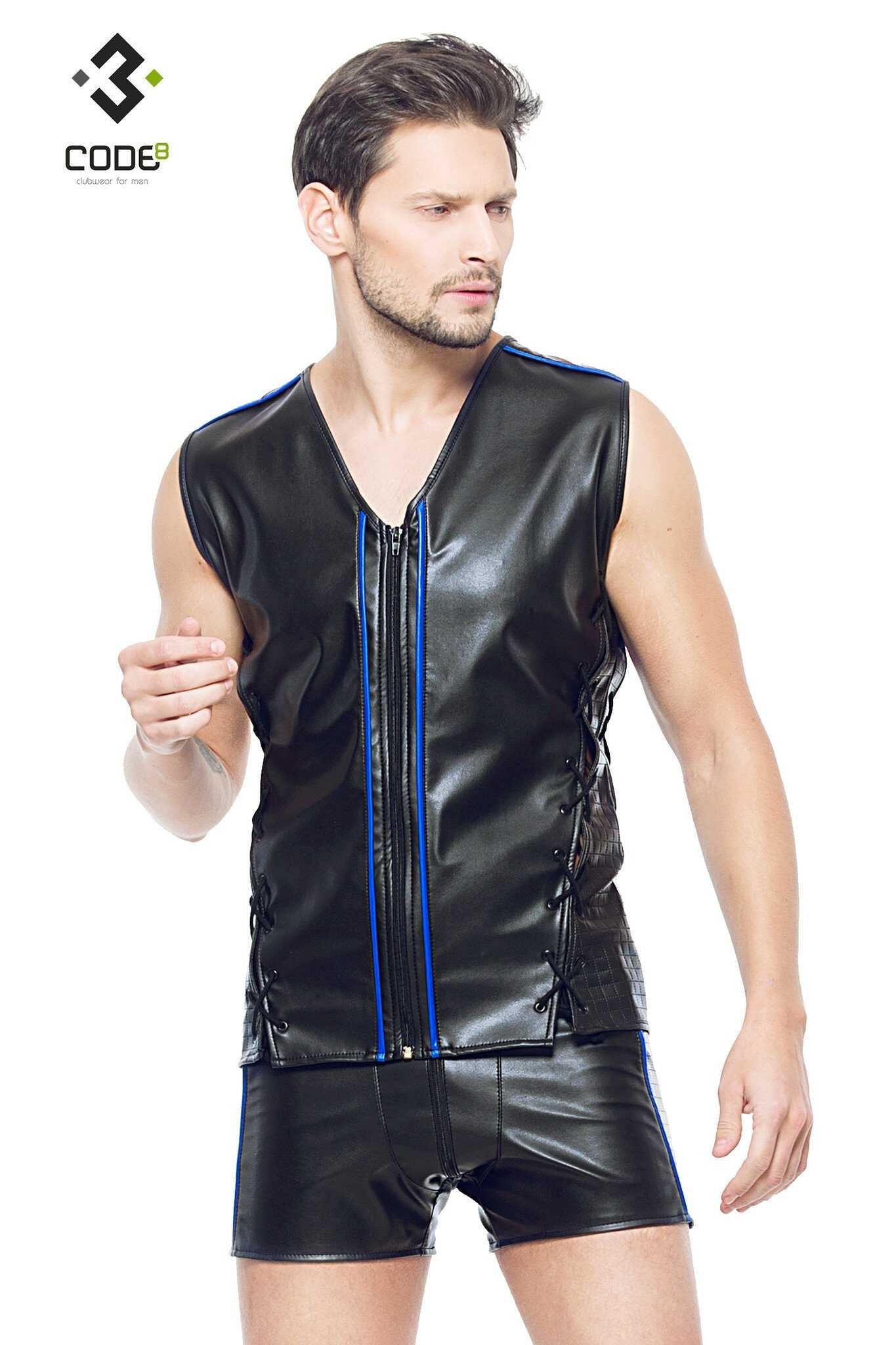 * Code8 by XXX COLLECTION Eco-leder mouwloos shirt met blauw (XS-S-M-XL- 2XL)