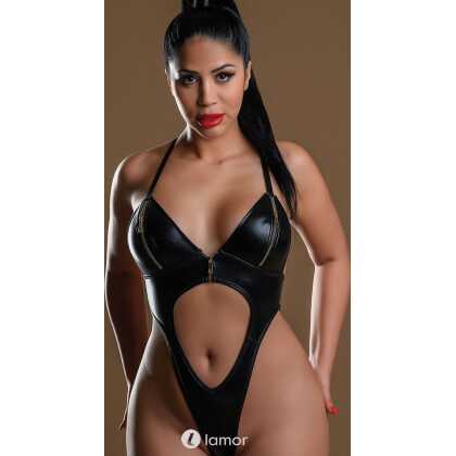 * DARING INTIMATES Zwarte wetlook bod met Rits