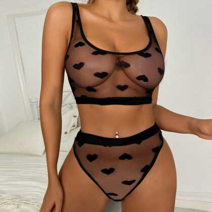 De Namour Lingerie by Shots Doorzichtige Kant Hart Twee Delige Set - S/M - Zwart