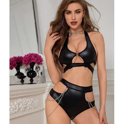 De Namour Lingerie by Shots Faux Leather Twee Delige Cut-out Set met Kettingen - L/XL - Zwart