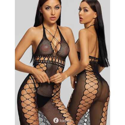 LAMOR Lang zwart fishnet jurkje