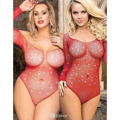 LAMOR Rode fishnet body met glimmertjes (S/M)
