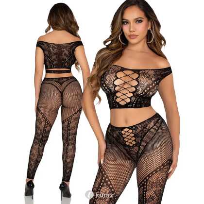 * LEG AVENUE Leg Avenue Off Shoulder Crop Top & Legging Set Zwart