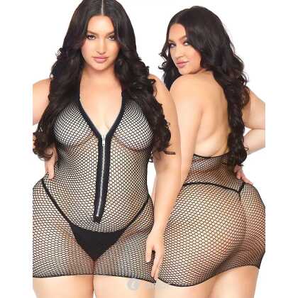 * LEG AVENUE Plus Visnet Mini Jurk Met Rits Zwart
