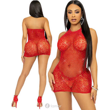 * LEG AVENUE Rood halter mini-jurk bedekt met strass.