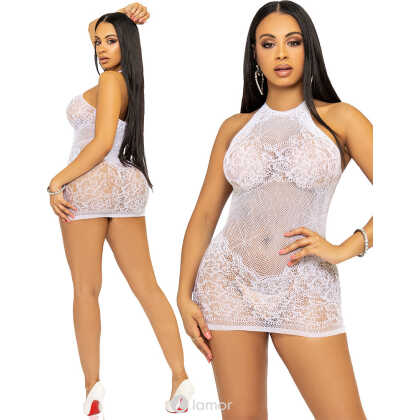 * LEG AVENUE Wit halter mini-jurk bedekt met strass.
