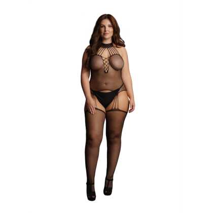 Le Désir by Shots Suspender Fishnet Choker Bodystocking - Plus Size