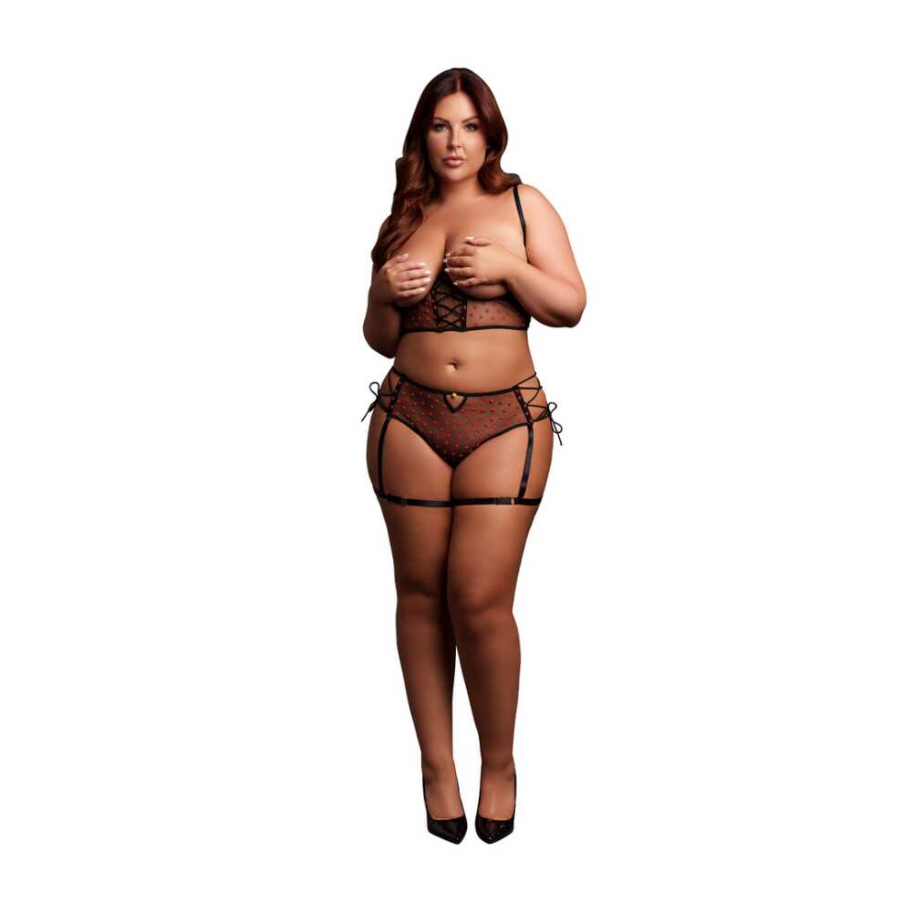 Le Désir by Shots Twee delige set met onderwired open-cup bh en panty met gespen - Plus Size - Zwart