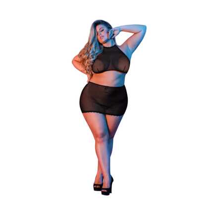 Magic Silk Polka Dot Mesh Halter en Rok Set - 2X - Zwart