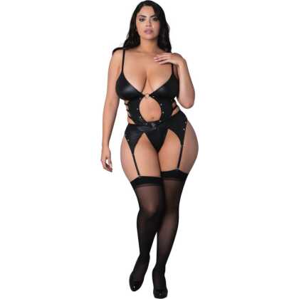 Male Power Kira - Open Front Basque met Kousenbanden en String - 2X - Zwart