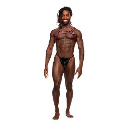 Male Power Leo - Imitatie Leren Harnas - One Size - Zwart/Rood