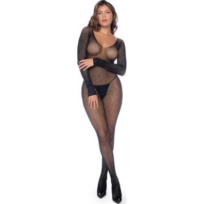 Mapalé Langarm Fischernetz Strass Bodystocking - Einheitsgröße - Zwart/Strass
