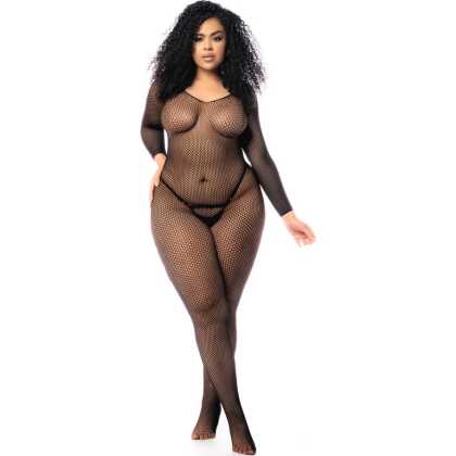 Mapalé Langarmige Visnet Bodystocking - Koning Maat - Zwart