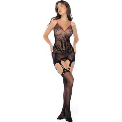 Mapalé Slangen Visnet Bodystocking - Één Maat - Zwart/Rood