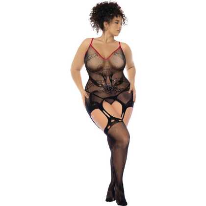 Mapalé Slangen Visnet Bodystocking - Koning Maat - Zwart/Rood