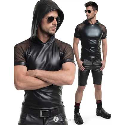 * RFP Wetlook heren T-shirt met capuchon zwart